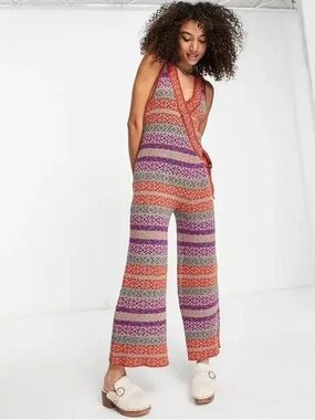 Free People Multicolor Striped Knit Halter boho Jumpsuit w hippy vibe